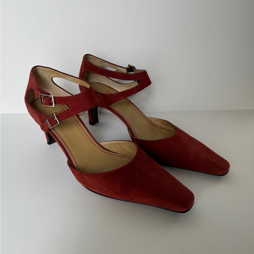 Red Suede Ankle-Strap Heels with Pointed Toe